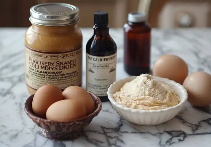 How to Make 4 Ingredient PB Cookies at Home 4 Ingredients for 4 ingredient pb cookies displayed on a marble counter, including a jar of peanut butter, vanilla extract, eggs, and a bowl of sugar for an easy one-bowl cookie recipe.