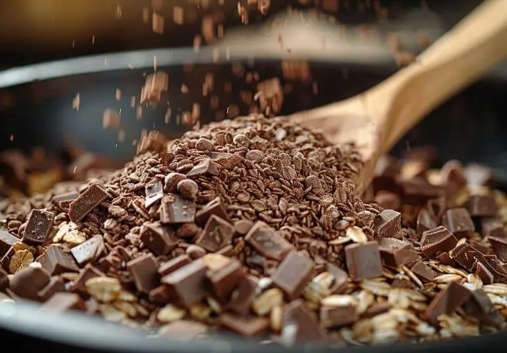Oats and chocolate chunks being mixed into melted chocolate for no bake cookies