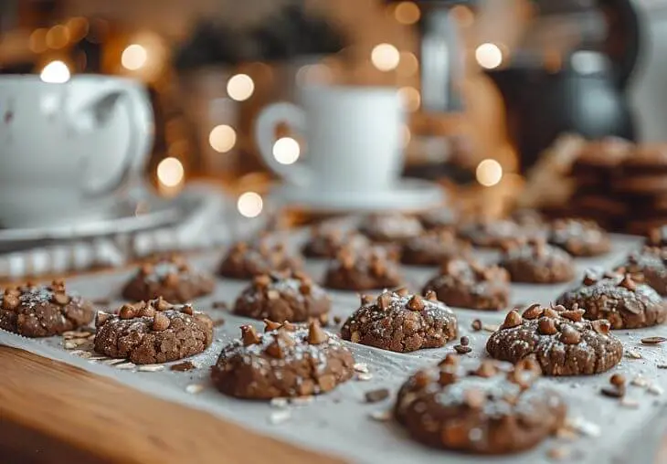 Scoops of chocolate no bake cookies cooling on parchment paper until firm