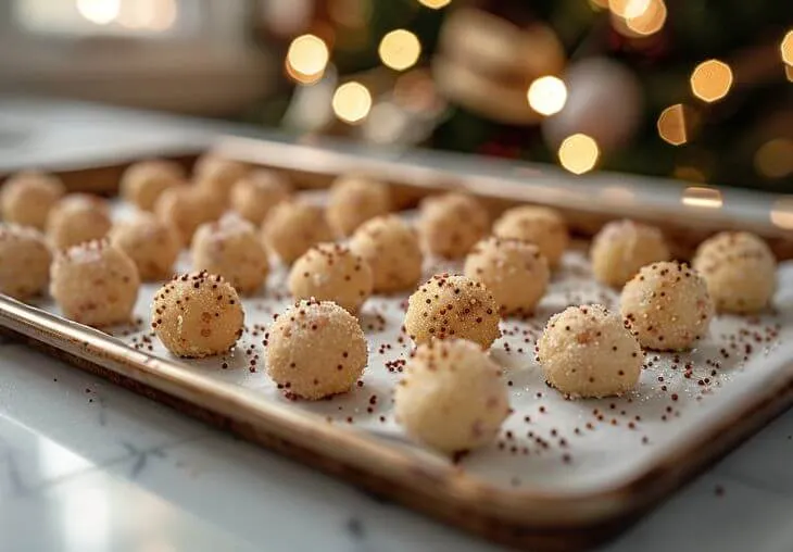 Cookie dough balls for 3 ingredient sugar cookies arranged on a parchment-lined baking sheet with sprinkles
