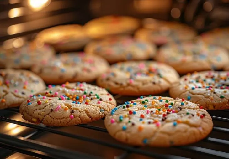 3 ingredient sugar cookies baking in the oven topped with colorful sprinkles until golden