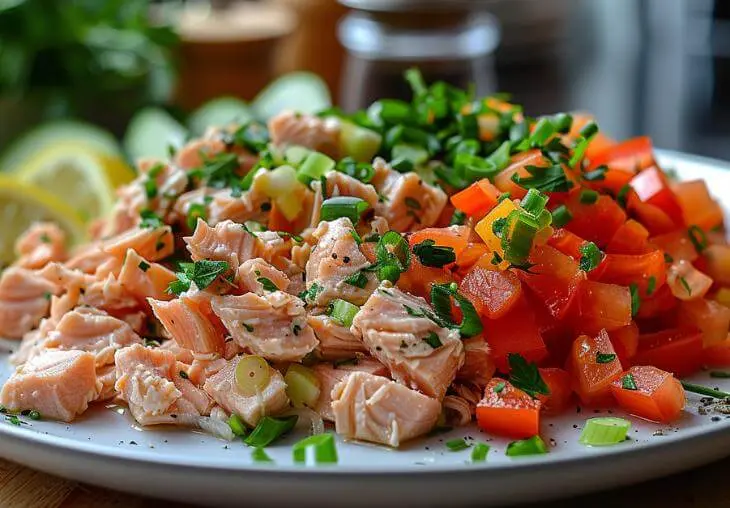 Tuna Salad No Mayo: Easy Recipe Tips and Variations 4 Close-up ingredients for tuna salad no mayo showing tuna chunks, red bell peppers, parsley, and green onions on a plate.