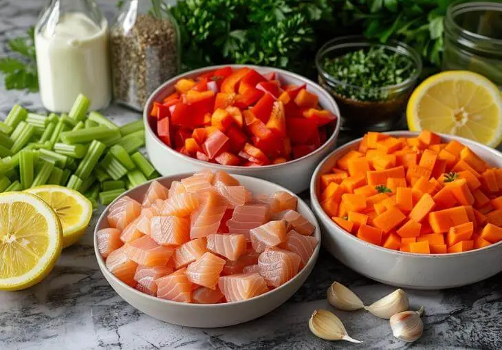 Tuna Salad No Mayo: Easy Recipe Tips and Variations 5 Fresh ingredients for tuna salad no mayo with tuna chunks, celery, carrots, red bell peppers, lemon, and garlic.