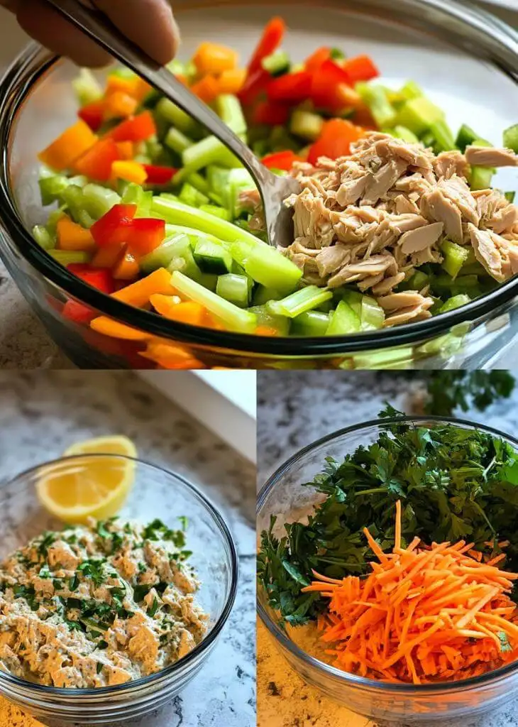Tuna Salad No Mayo: Easy Recipe Tips and Variations 13 Nutrition facts for tuna salad no mayo with tuna, carrots, celery, parsley, and lemon in glass bowls.