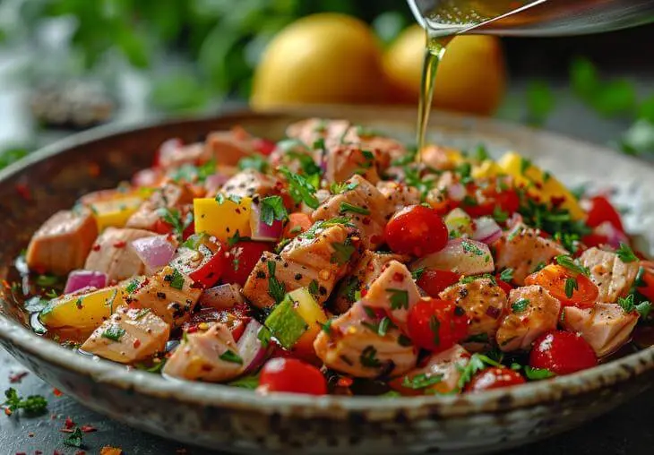 Tuna Salad No Mayo: Easy Recipe Tips and Variations 9 Step 4 combine tuna salad no mayo by pouring dressing over tuna and vegetables, tossing until coated.