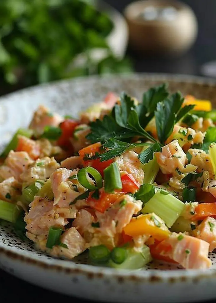 Tuna Salad No Mayo: Easy Recipe Tips and Variations 3 Tuna Salad No Mayo with tuna chunks, celery, peppers, and fresh parsley served in a rustic bowl.