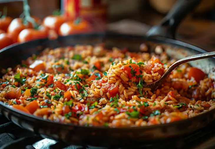 Step 3 for Mexican rice showing tomato mixture and cumin being stirred into rice in a skillet to deepen the flavor.