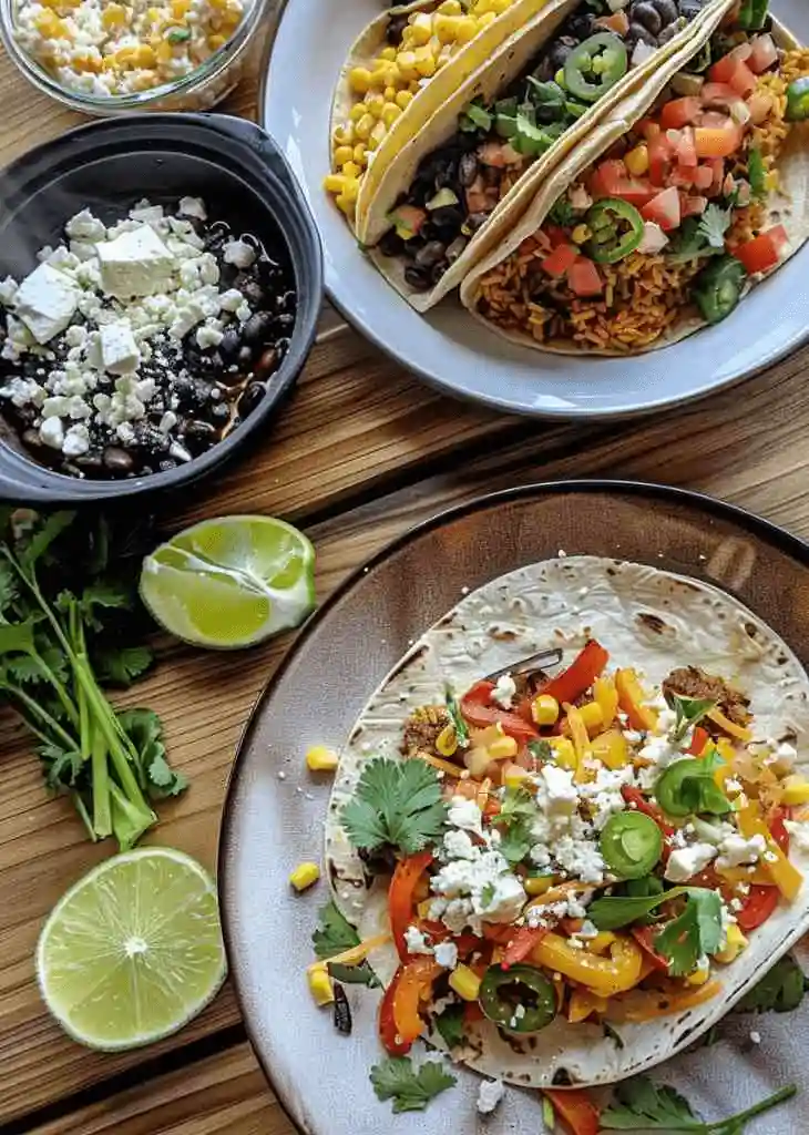Overhead photo of Mexican side dishes for tacos including corn, black beans, rice, peppers, queso fresco, tortillas, and fresh lime.