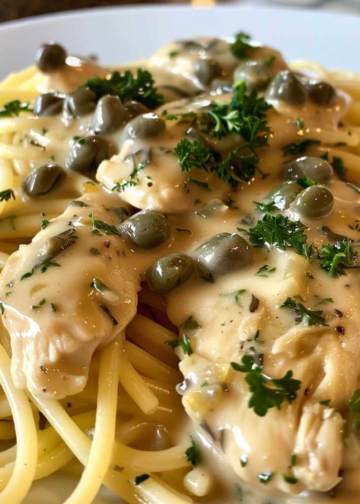 Close-up of creamy chicken piccata pasta with lemon butter sauce, capers, and parsley on spaghetti noodles.