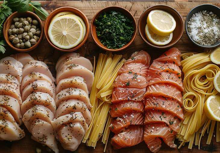 Flat lay of chicken piccata pasta ingredients including raw chicken, lemon slices, parsley, pasta, and capers arranged on a wooden board.
