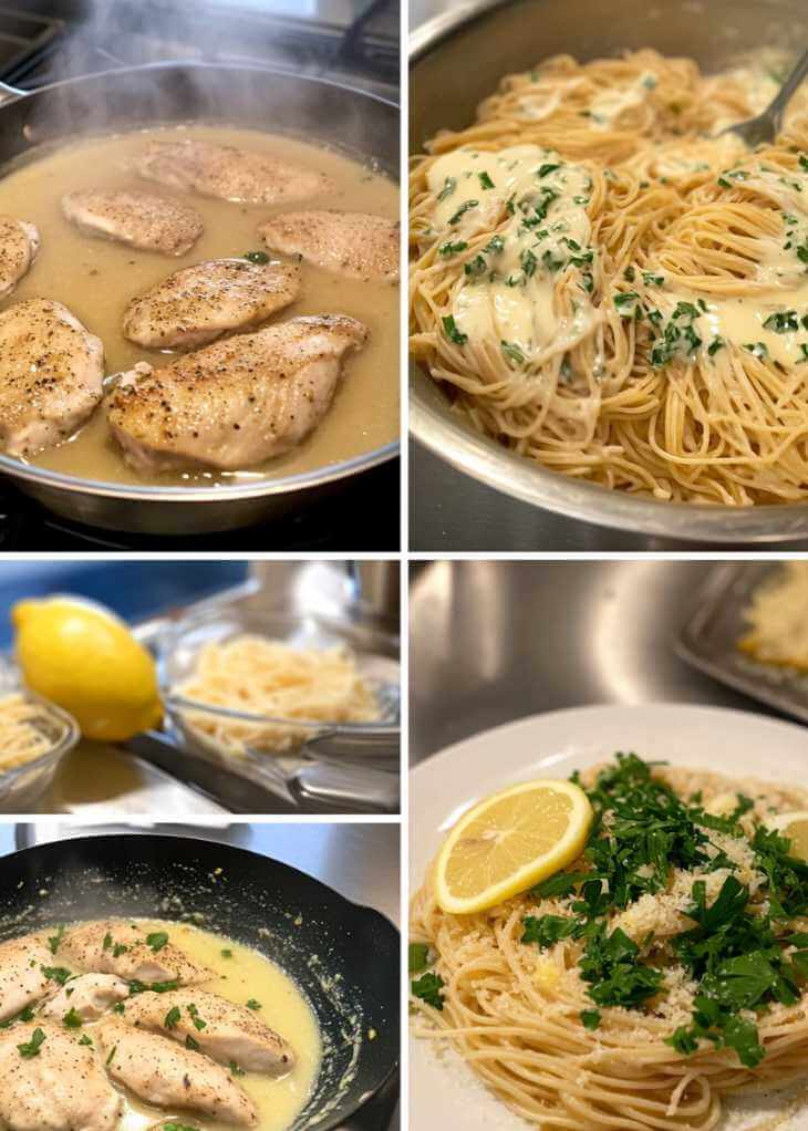 Step-by-step photos showing how to make chicken piccata pasta with lemon butter sauce, cooked chicken, and plated pasta with parsley.