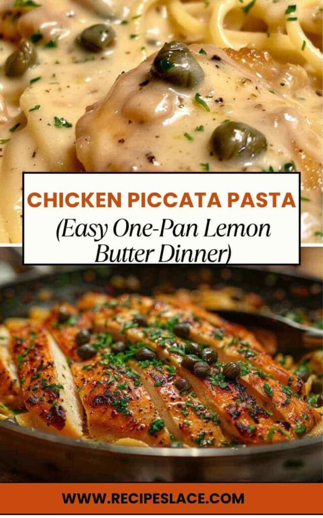 Pinterest collage showing creamy chicken piccata pasta with lemon butter sauce, capers, and golden chicken fillets in one pan.
