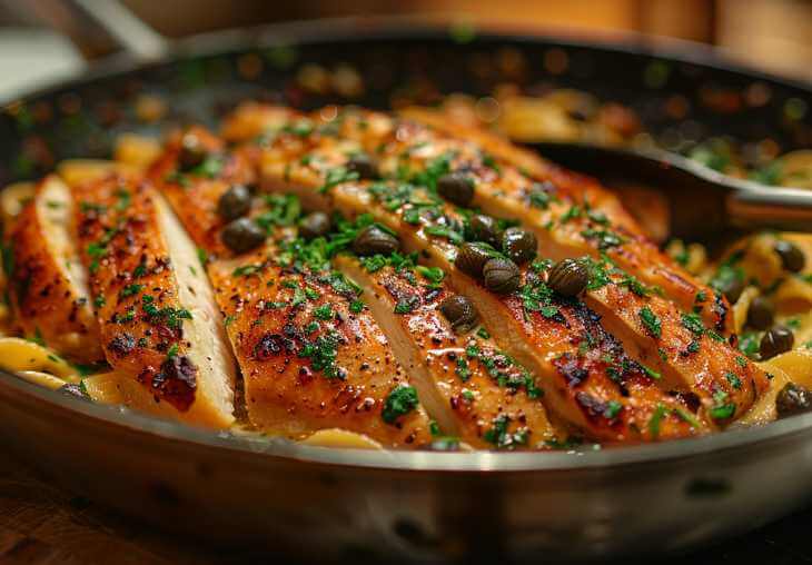 Golden sliced chicken breasts with capers and parsley mixed into creamy pasta for the final step of chicken piccata pasta recipe.