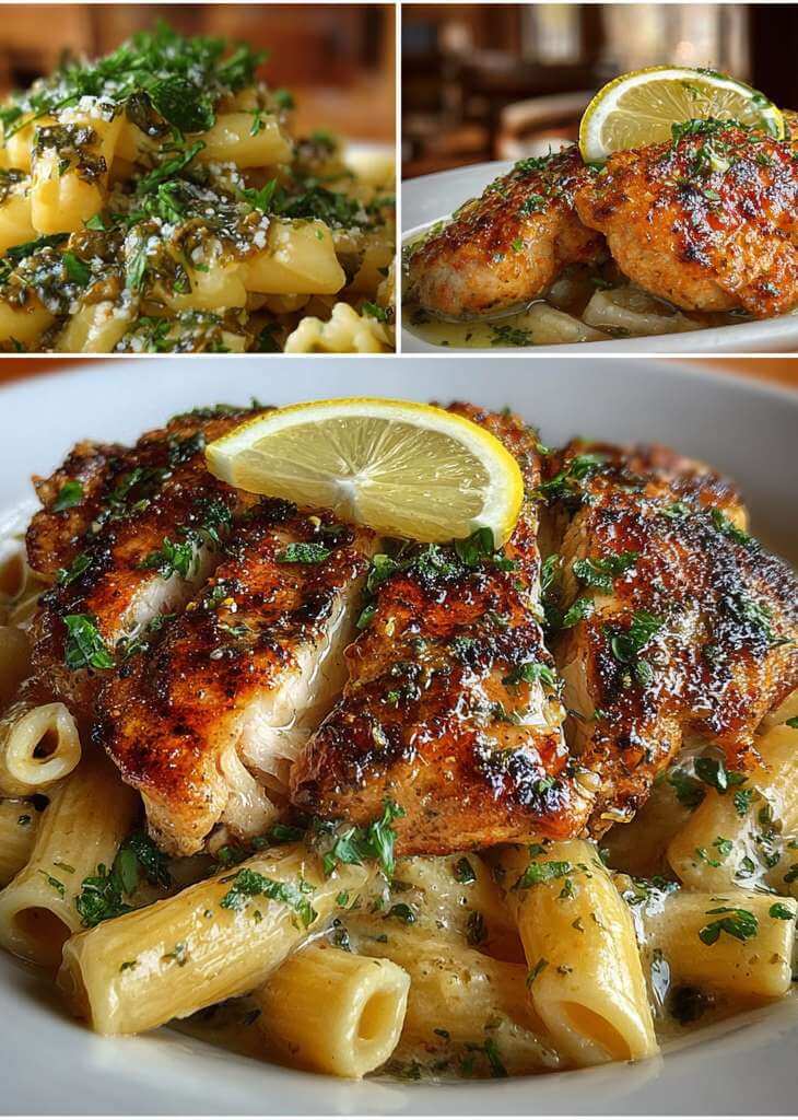 Different variations of chicken piccata pasta with golden chicken, lemon slices, and creamy sauce served with various pasta shapes.