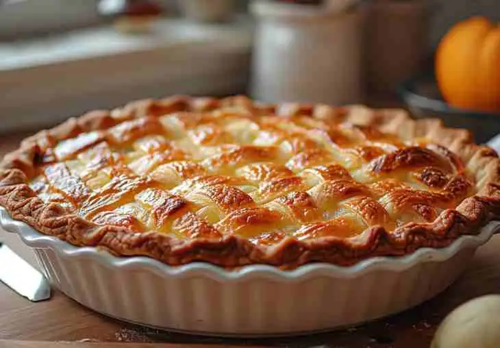 Golden lattice chicken pot pie just before baking, filled with creamy chicken, peas, and carrots made with cream of chicken soup and topped with cheddar.