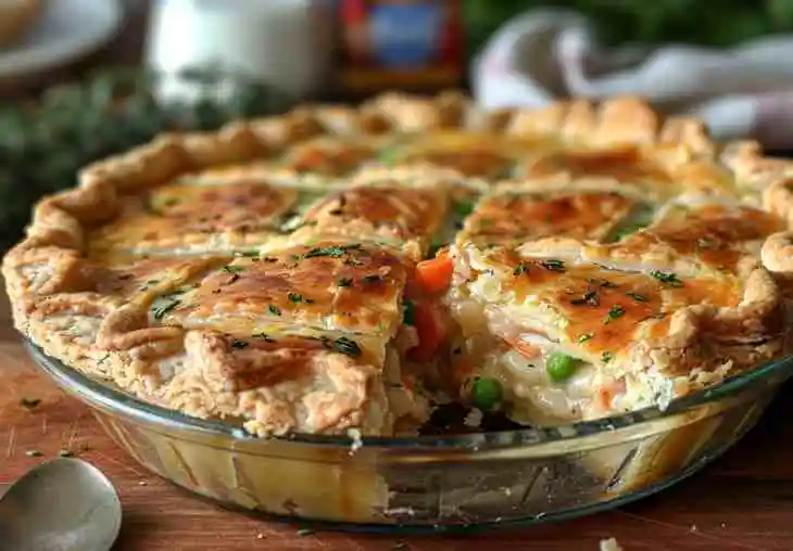 Chicken pot pie recipe with cream of chicken soup showing golden flaky crust, creamy filling, and vegetables in a glass pie dish.