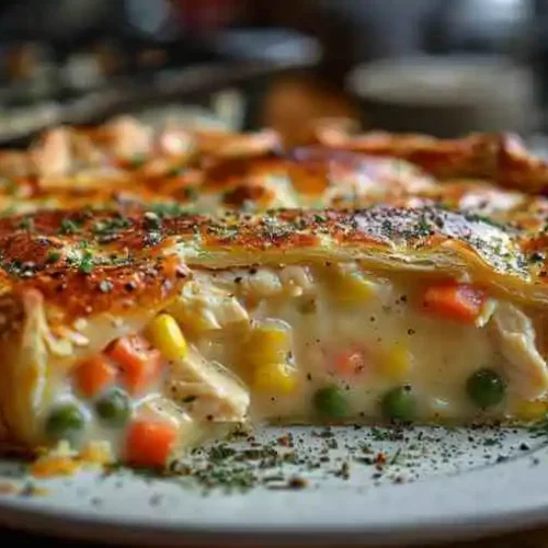 Chicken pot pie recipe with cream of chicken soup showing golden crust and creamy filling with carrots, peas, and corn.