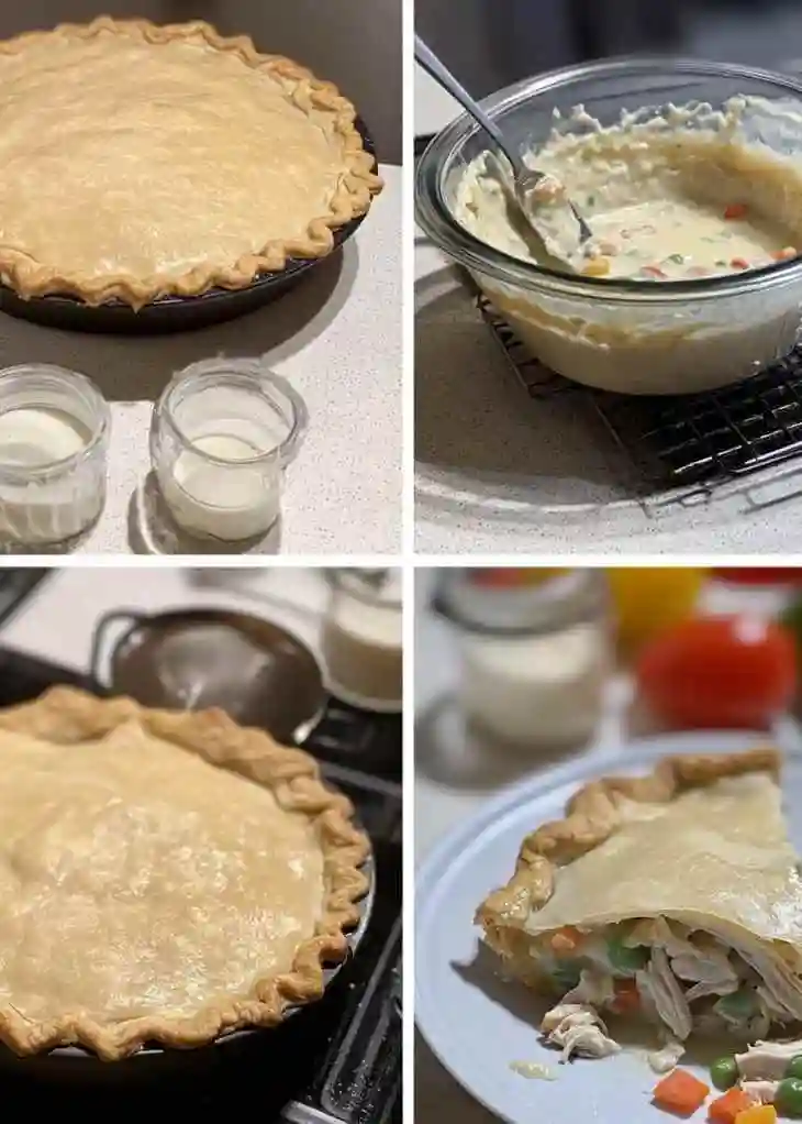 Chicken pot pie recipe with cream of chicken soup collage showing step-by-step preparation, creamy filling, baked crust, and serving slice for nutrition overview.
