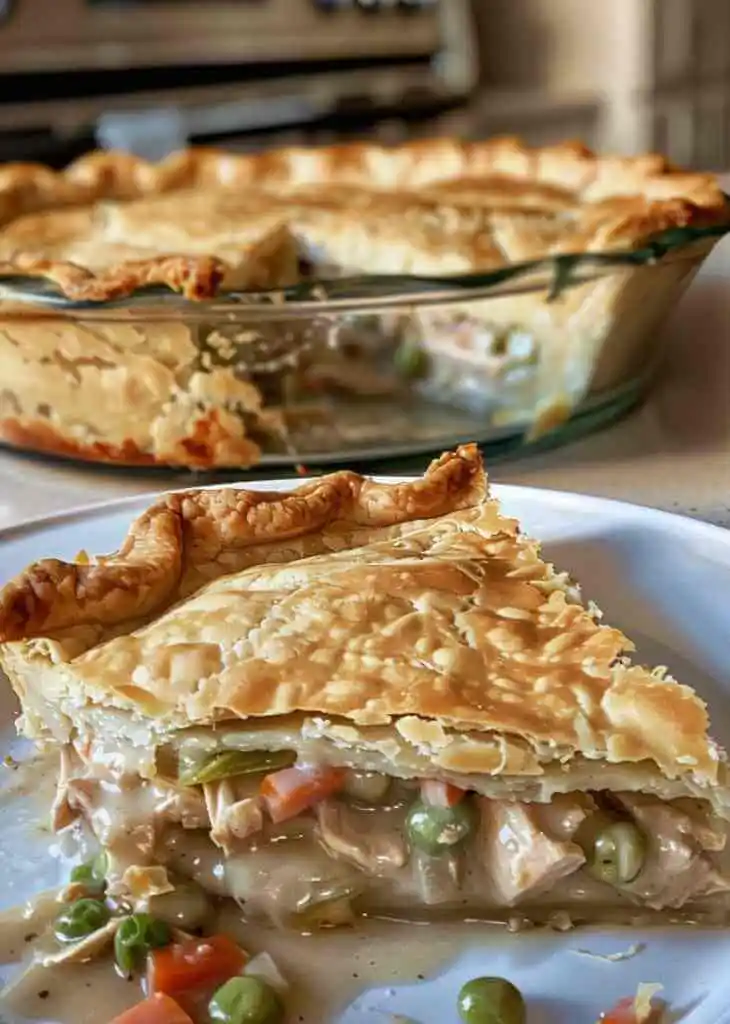 Chicken pot pie recipe with cream of chicken soup showing a slice served on a plate with creamy filling and golden crust for storage and reheating.