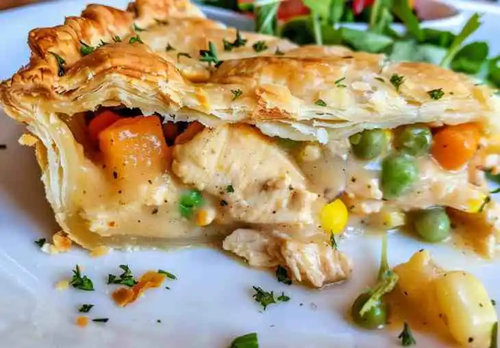 Chicken pot pie recipe with cream of chicken soup slice served with salad and vegetables, showing flaky crust and creamy filling for variations and serving ideas.