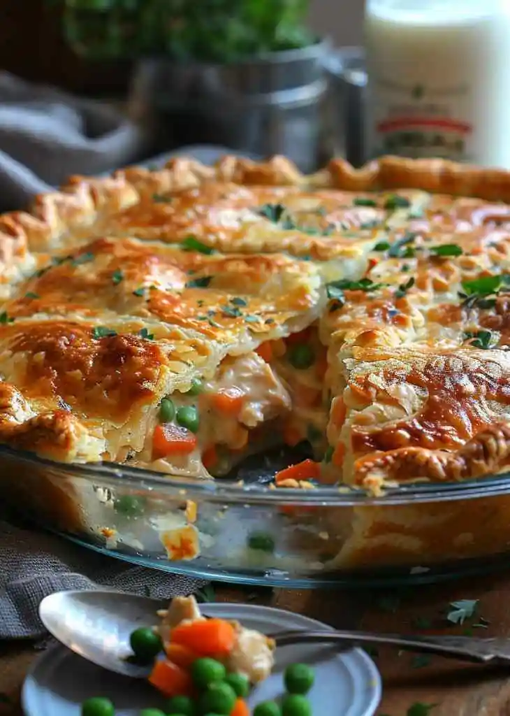 Creamy chicken pot pie with peas, carrots, and chicken in a flaky golden crust served in a glass pie dish.
