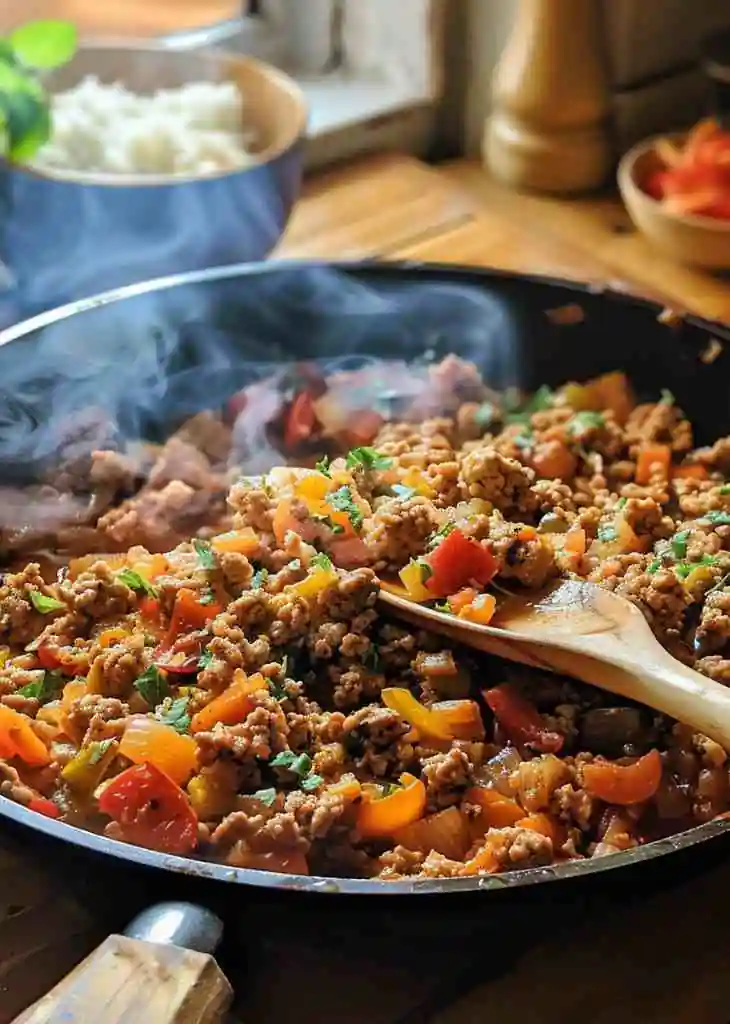 Ground turkey cooking in a skillet with bell peppers and onions, showing the sauté step for healthy ground turkey recipes.