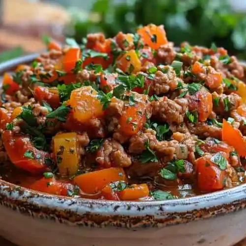 Ground turkey recipes served in a rustic bowl with colorful bell peppers, tomatoes, and fresh herbs in a hearty, saucy mixture.