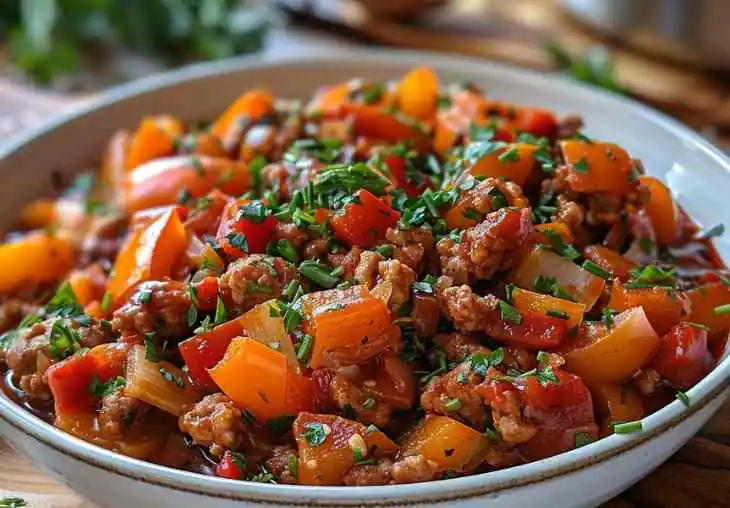 Close-up of a ground turkey dish cooked with bell peppers, onions, and fresh herbs, served in a white bowl as the final recipe.