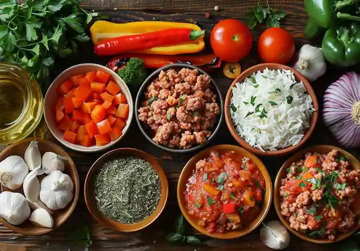 Flat lay of ingredients for ground turkey recipes including ground turkey, bell peppers, tomatoes, rice, garlic, herbs, and olive oil.
