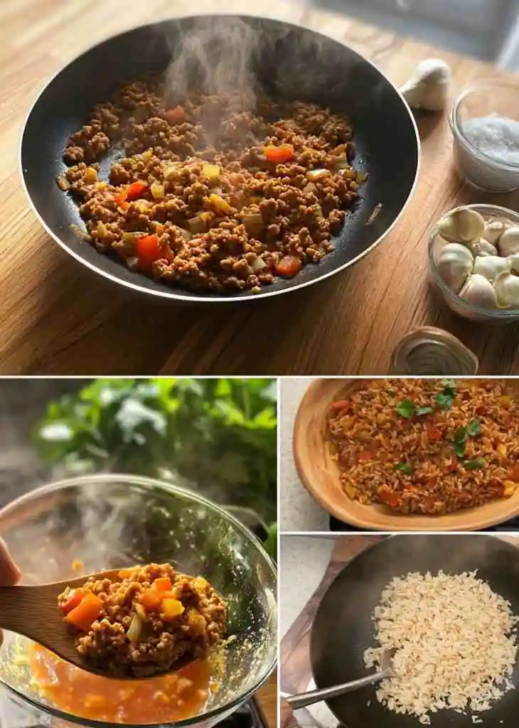 Step-by-step collage of cooked ground turkey, rice, and vegetables, showing portion sizes and ingredients for the nutrition breakdown of ground turkey recipes.