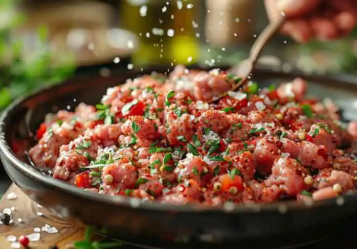 Raw ground turkey being seasoned with salt, pepper, and herbs in a bowl during Step 1 of preparing ground turkey recipes.