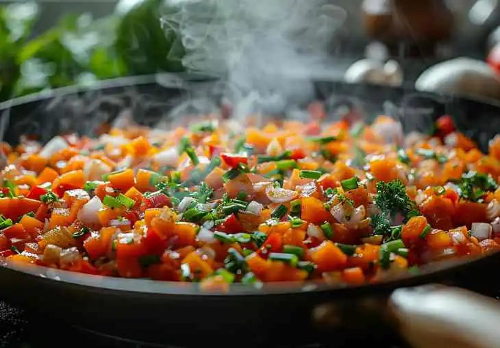Aromatics sautéing in a hot skillet, including onions, garlic, peppers, and herbs, for Step 2 of ground turkey recipes.