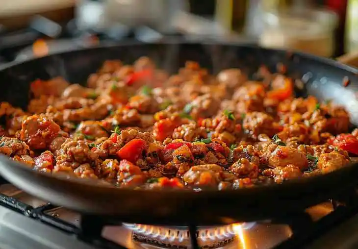 Seasoned ground turkey cooking in a skillet with peppers during Step 3 of ground turkey recipes, stirred until no pink remains.