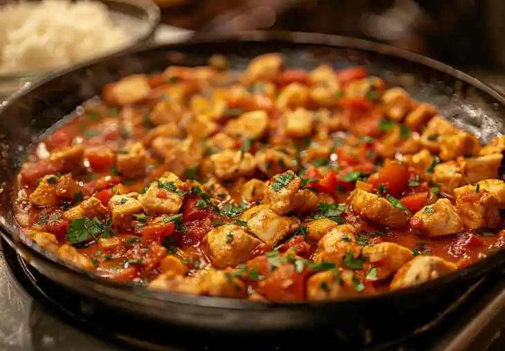 Ground turkey simmering in a tomato-based sauce with peppers and herbs, showing Step 4 of adding sauce or mix-ins for ground turkey recipes.