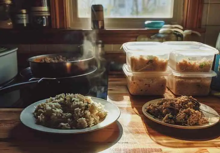 Meal-prepped ground turkey and rice stored in airtight containers, showing storage, reheating, and make-ahead tips for ground turkey recipes.