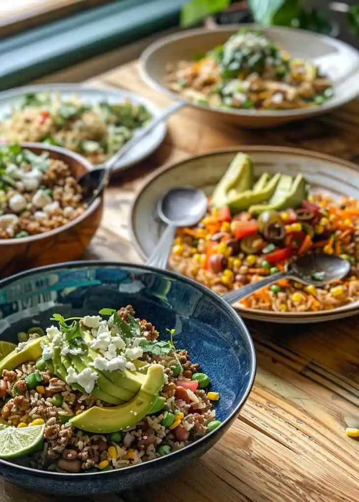 Assorted ground turkey bowls with avocado, corn, beans, rice, and fresh toppings, showing variations and serving ideas for ground turkey recipes.