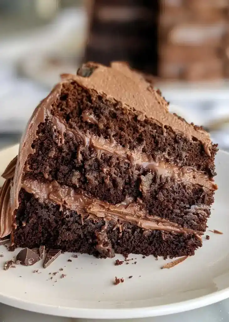 Layered triple chocolate cake slice with thick frosting and moist chocolate layers served on a white plate.