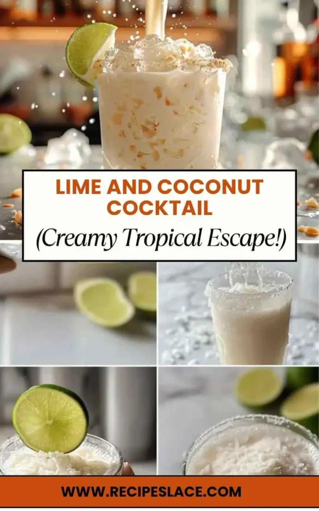 Pinterest collage showing step-by-step lime and coconut cocktail preparation with a tropical creamy finish and lime garnish.