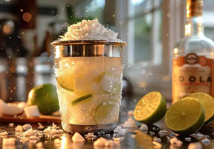 Cocktail shaker filled with ice cubes, lime wedges, and coconut pieces, ready to mix for a lime in the coconut drink.