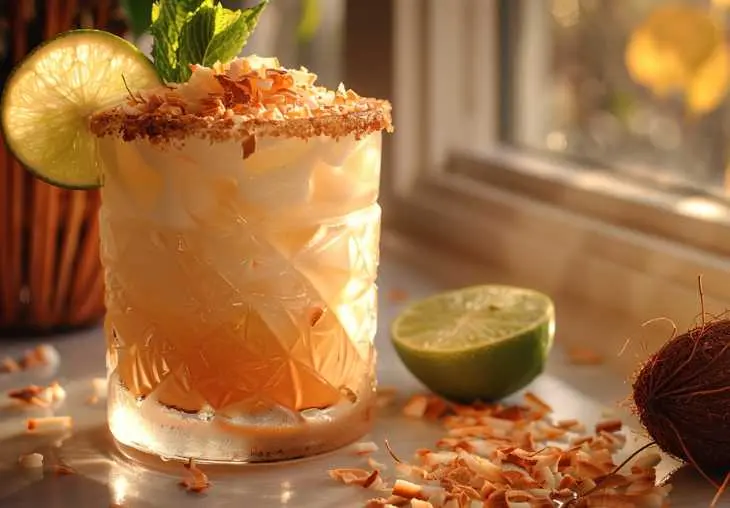 Refreshing lime and coconut cocktail garnished with lime slice, mint sprig, and toasted coconut flakes in natural daylight.