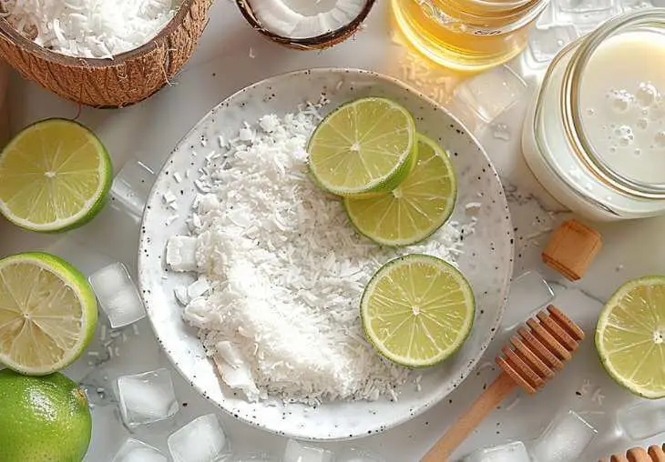 Fresh lime slices, shredded coconut, coconut milk, honey, and ice cubes arranged on a white surface for a coconut lime drink.