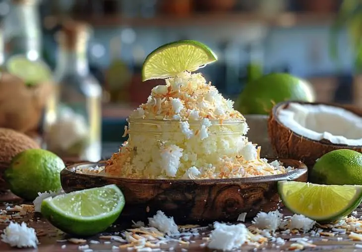 Toasted coconut flakes and lime wedges arranged on a table, showing how to rim the glass for a lime and coconut drink.