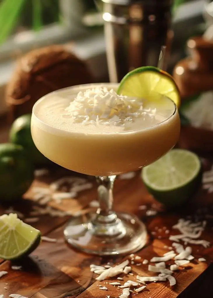 Tropical lime and coconut cocktail served in a coupe glass with shredded coconut and a lime garnish on a wooden table.