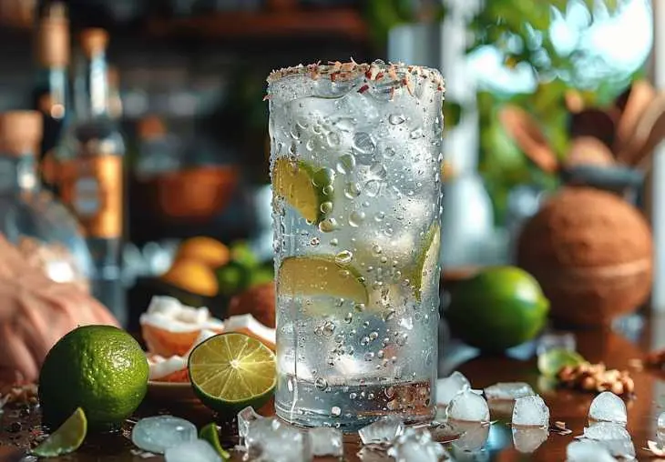 Frosty cocktail glass filled with ice, lime slices, and coconut, showing the shaking step for lime in the coconut drink.