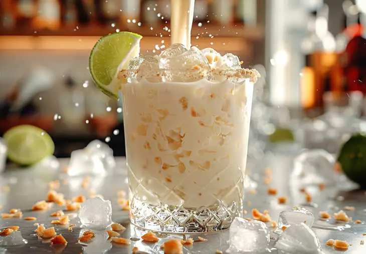 Pouring a lime and coconut cocktail over ice in a glass rimmed with coconut flakes, showing the straining step.