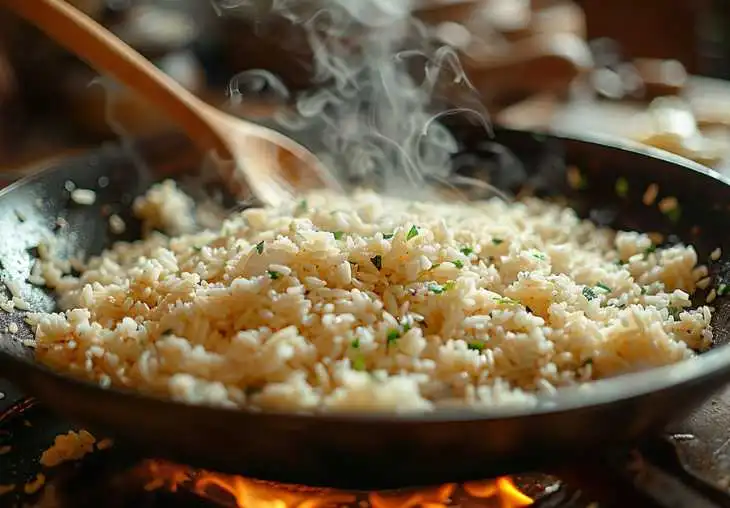 Step 1 for Mexican rice showing rice being toasted in a skillet with steam rising as it turns lightly golden.