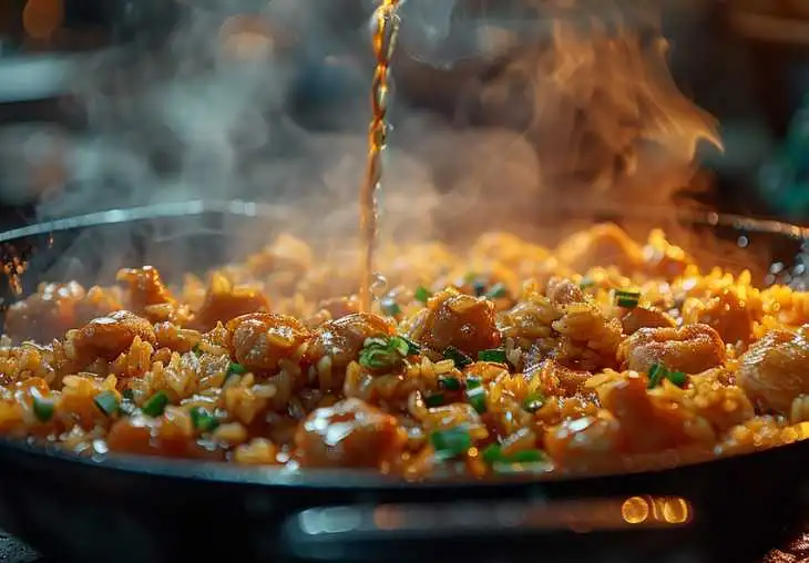 Step 4 for Mexican rice showing broth being poured into a skillet with rice and vegetables before bringing it to a gentle boil.