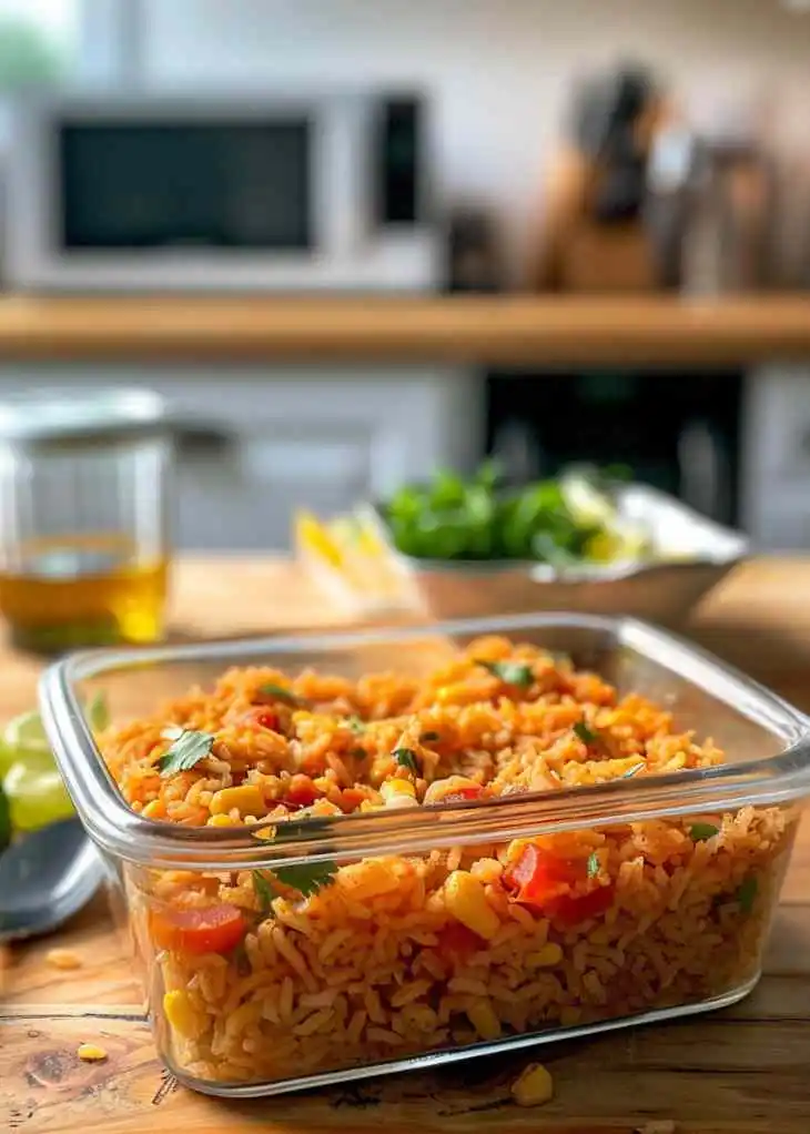 Mexican rice stored in a glass container on a kitchen counter, showing how to store and reheat the dish for later.