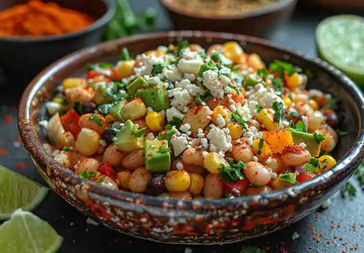 Mexican corn and bean salad topped with Cotija cheese, avocado, cilantro, and chili powder as a garnish for taco side dishes.