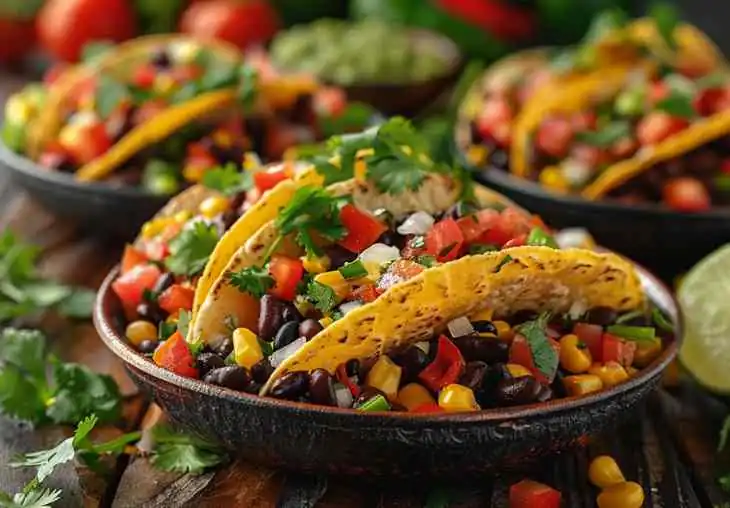 Colorful Mexican side dishes for tacos featuring black beans, corn, tomatoes, cilantro, and warm tortillas served in a rustic bowl.